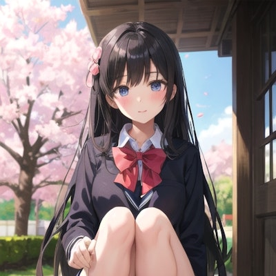 桜のストレートロングの黒髪制服少女