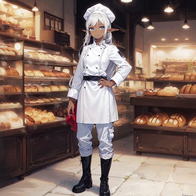 開店準備完了のパン屋を営むダークエルフ