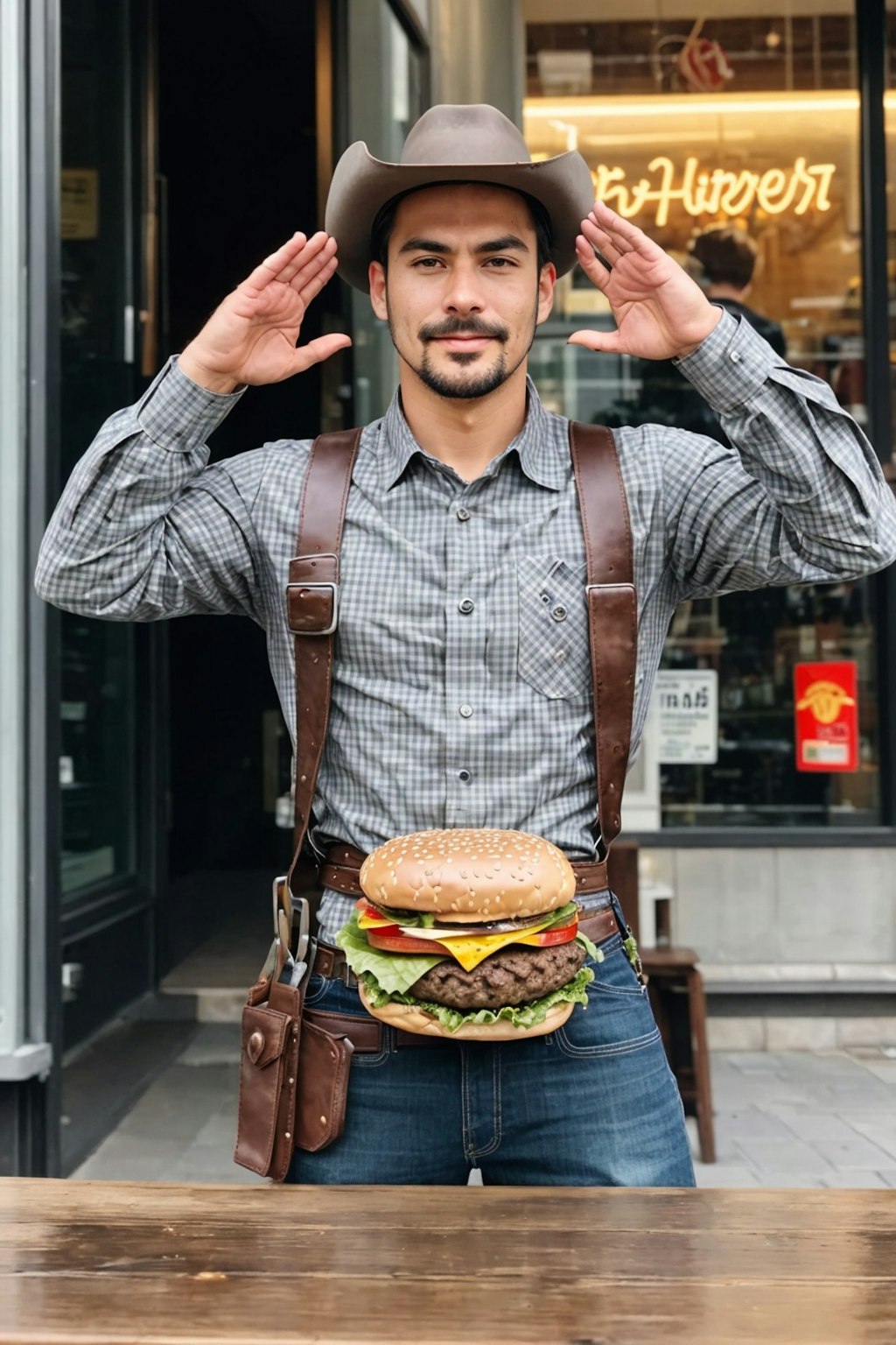 ハンブルグ市内でハンバーガーとポーズを取るハンバーグ師匠