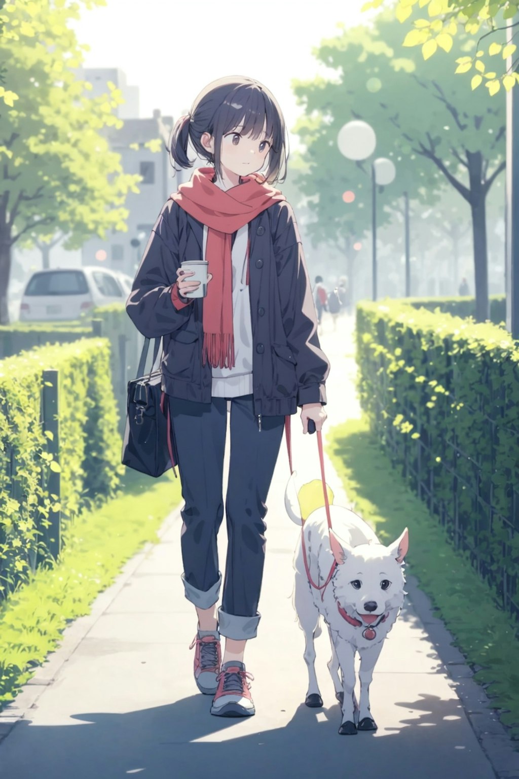 早朝の公園で犬の散歩をしている可愛い女性(色んなモデル版)