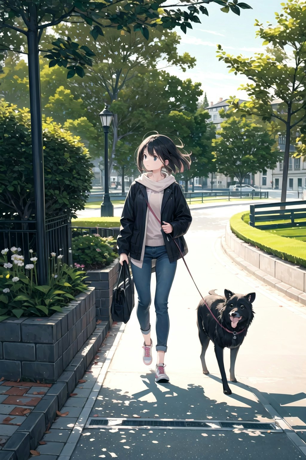 早朝の公園で犬の散歩をしている可愛い女性(色んなモデル版)