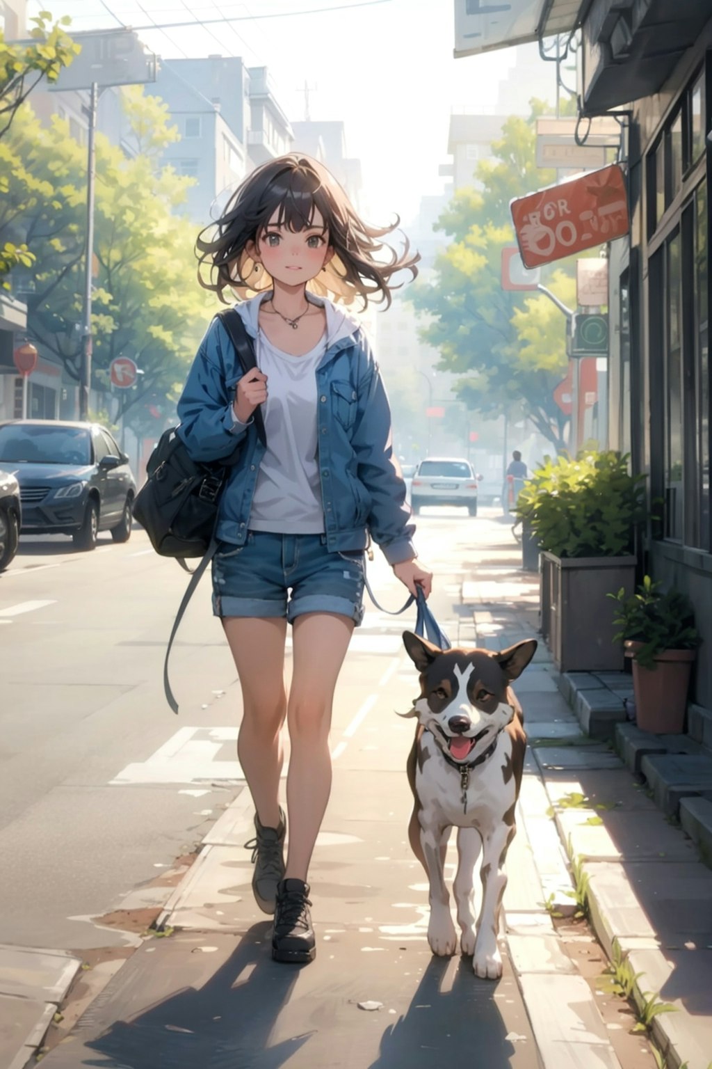 早朝の公園で犬の散歩をしている可愛い女性(色んなモデル版)