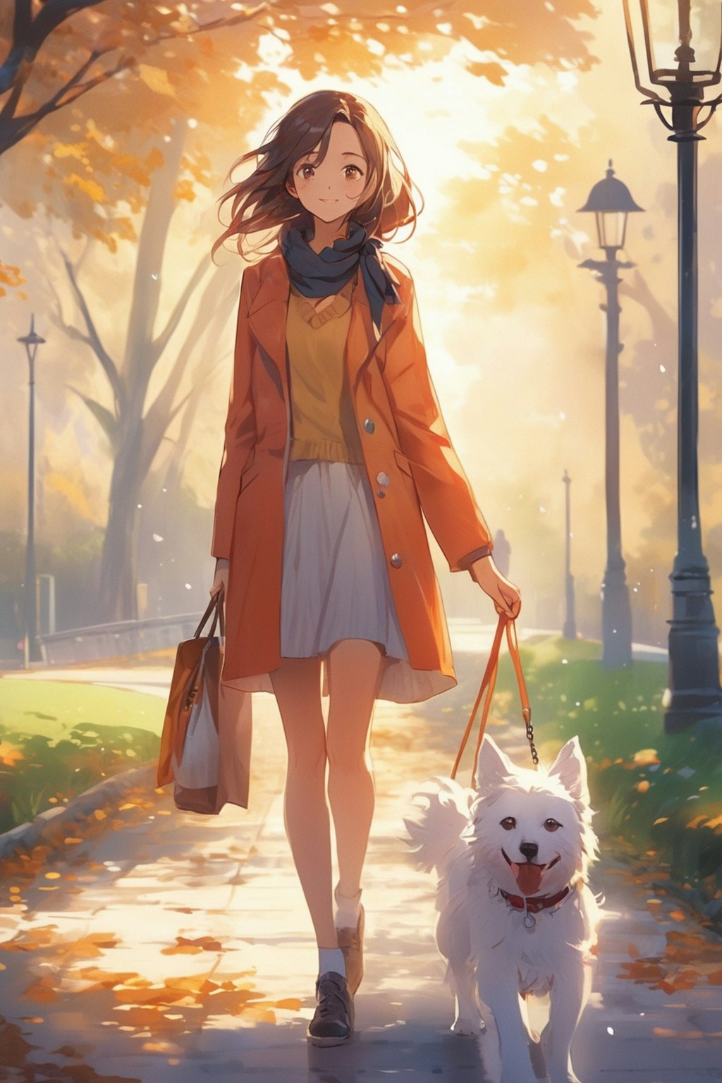 早朝の公園で犬の散歩をしている可愛い女性(色んなモデル版)