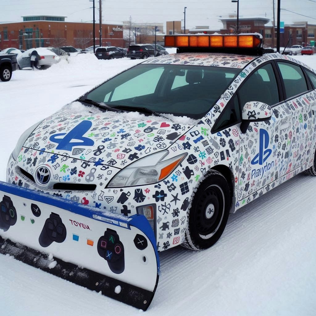 プレイステーションカラーのトヨタプリウス除雪車