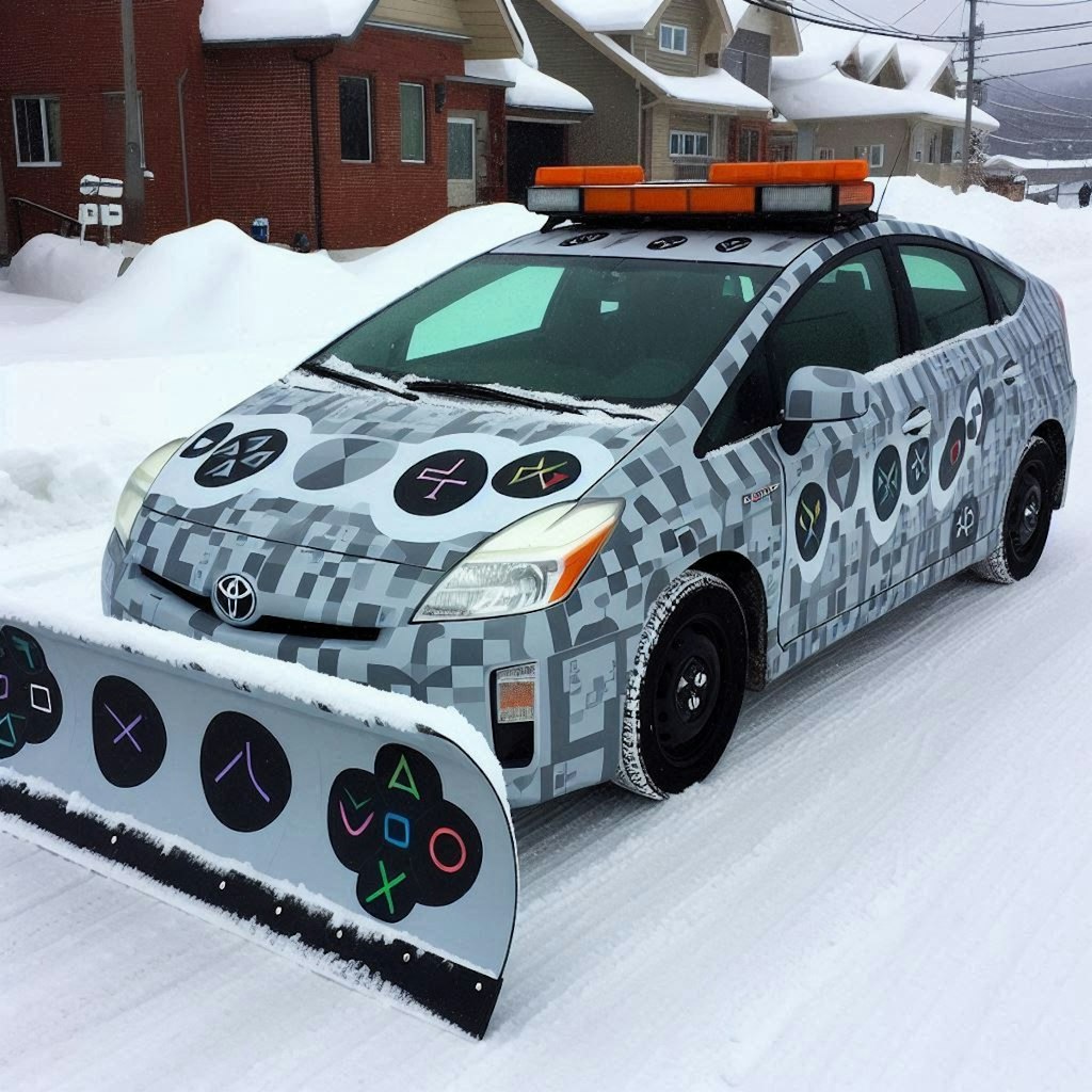 プレイステーションカラーのトヨタプリウス除雪車