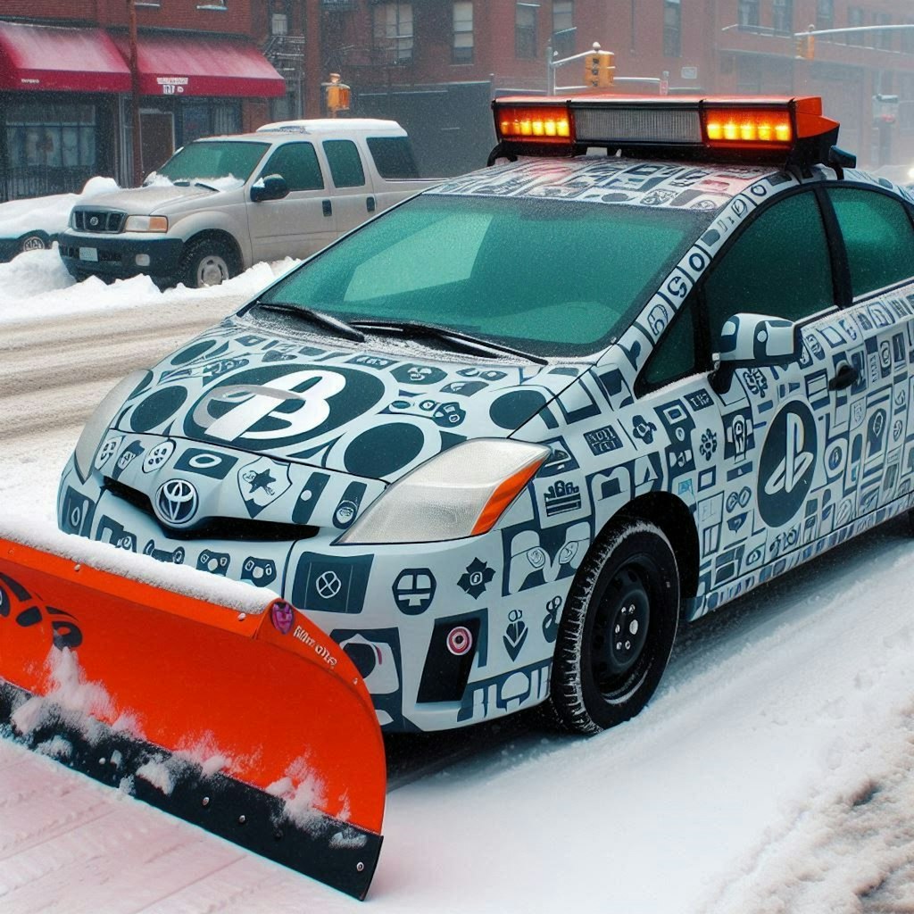 プレイステーションカラーのトヨタプリウス除雪車