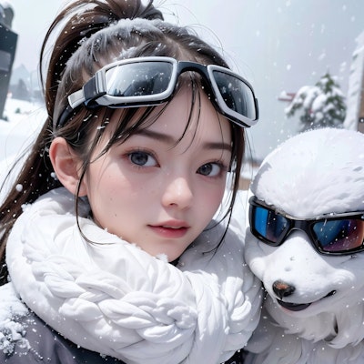 美少女と雪だるま犬