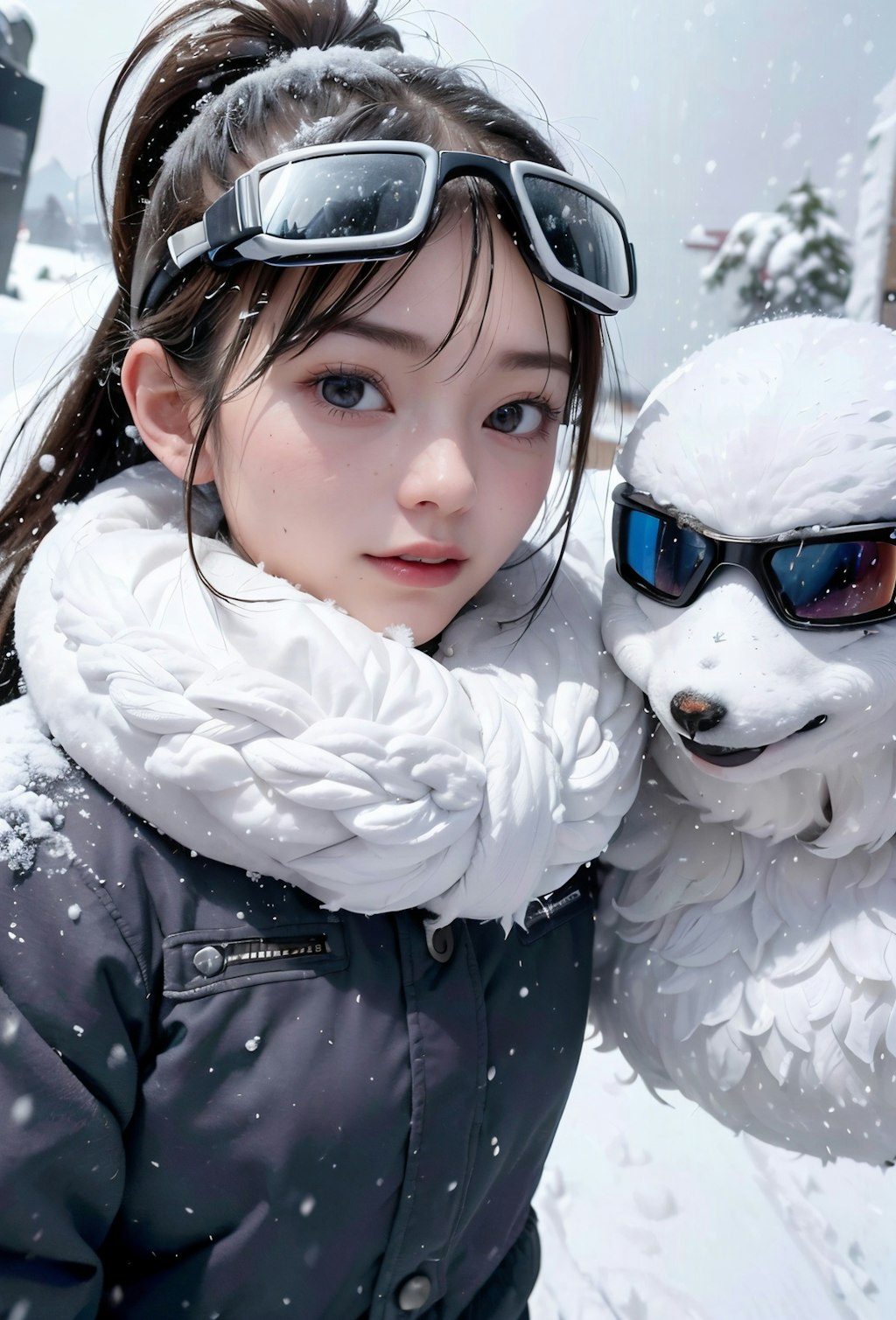 美少女と雪だるま犬