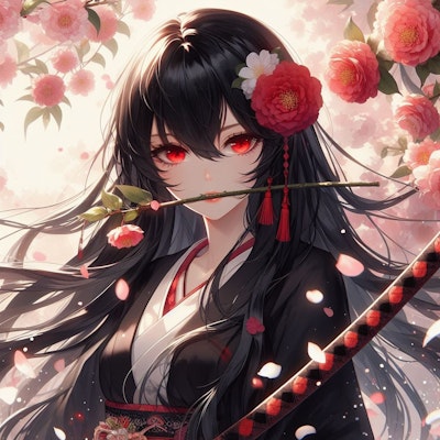 桜の枝を咥える黒髪の女侍さん