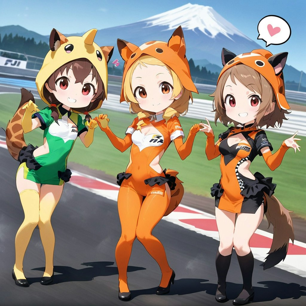 富士山とキリン着ぐるみレースクイーンちゃん