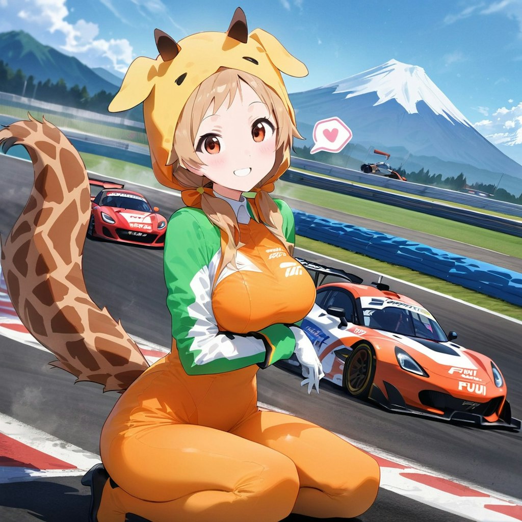 富士山とキリン着ぐるみレースクイーンちゃん