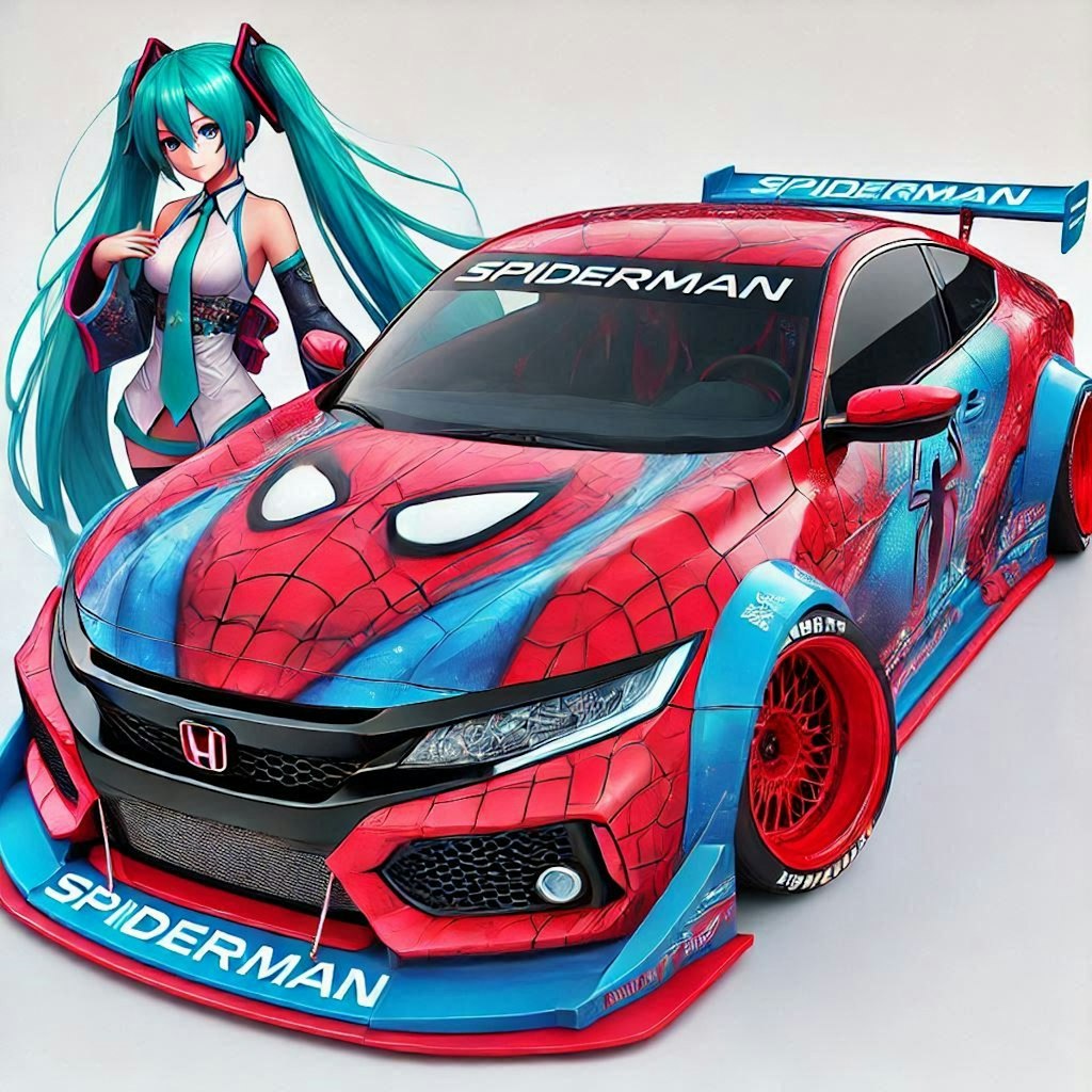 スパイダーマンカラーホンダシビックのドリ車と初音ミク