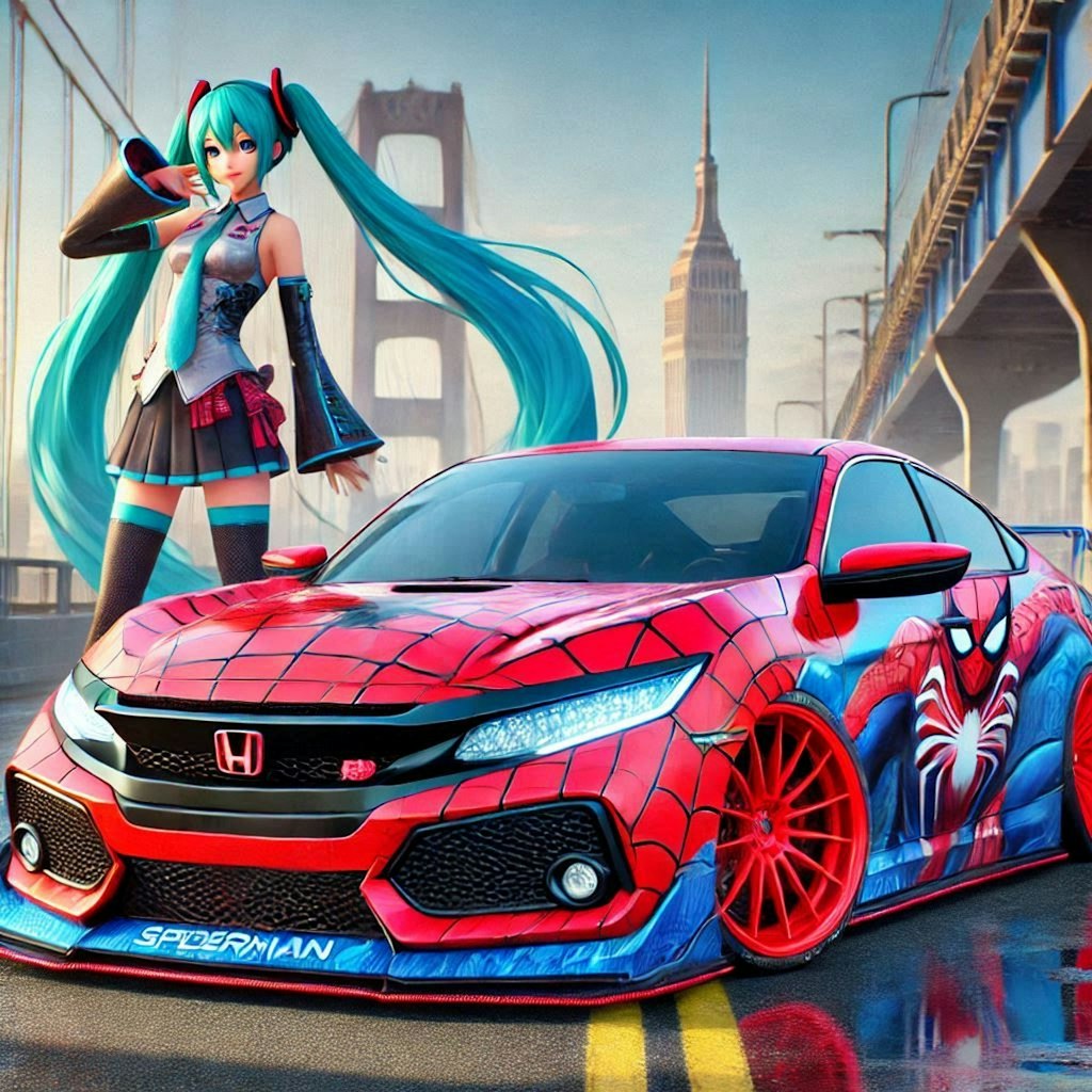 スパイダーマンカラーホンダシビックのドリ車と初音ミク