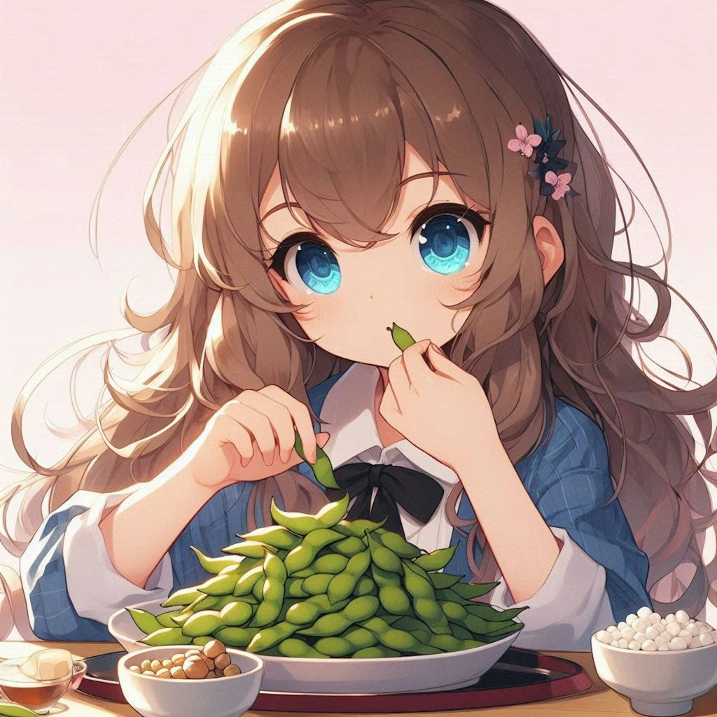 山盛りの茹でたて枝豆を食べる小さな女の子