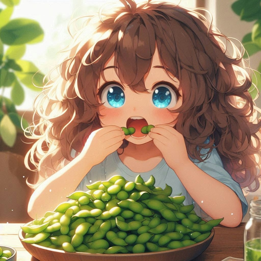 山盛りの茹でたて枝豆を食べる小さな女の子