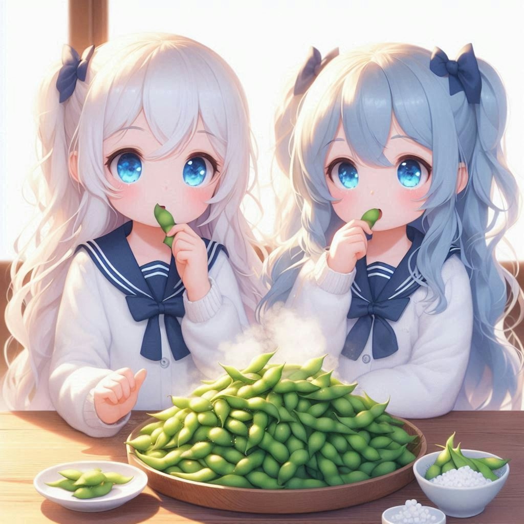 山盛りの茹でたて枝豆を食べる小さな女の子