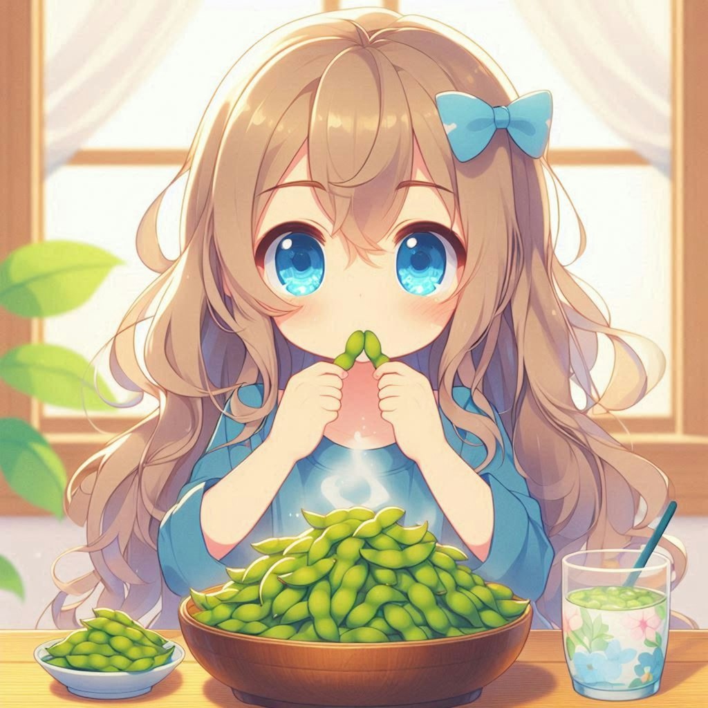 山盛りの茹でたて枝豆を食べる小さな女の子