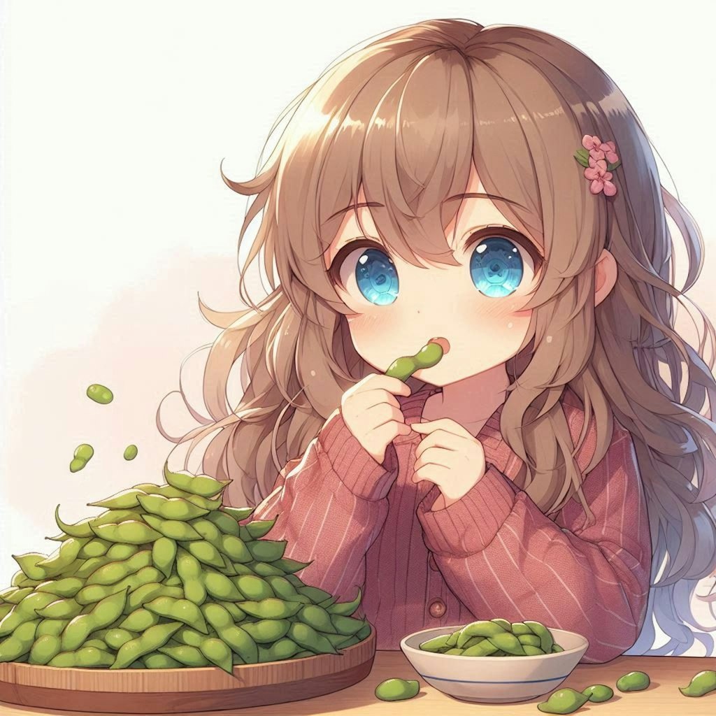 山盛りの茹でたて枝豆を食べる小さな女の子