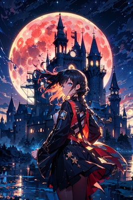 古城と夜空に浮かぶ赤い月