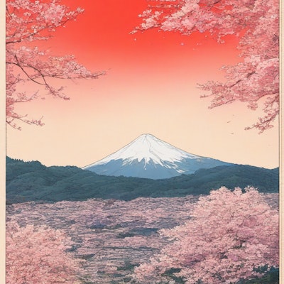 浮世絵の富士山と桜