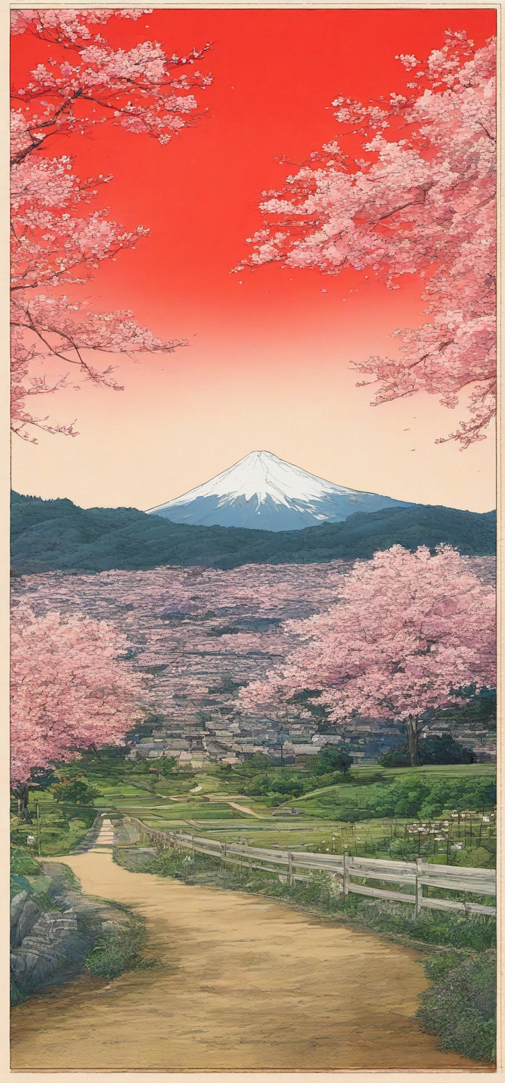 浮世絵の富士山と桜