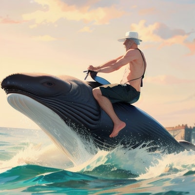 クジラに乗って はしゃぐおっさん