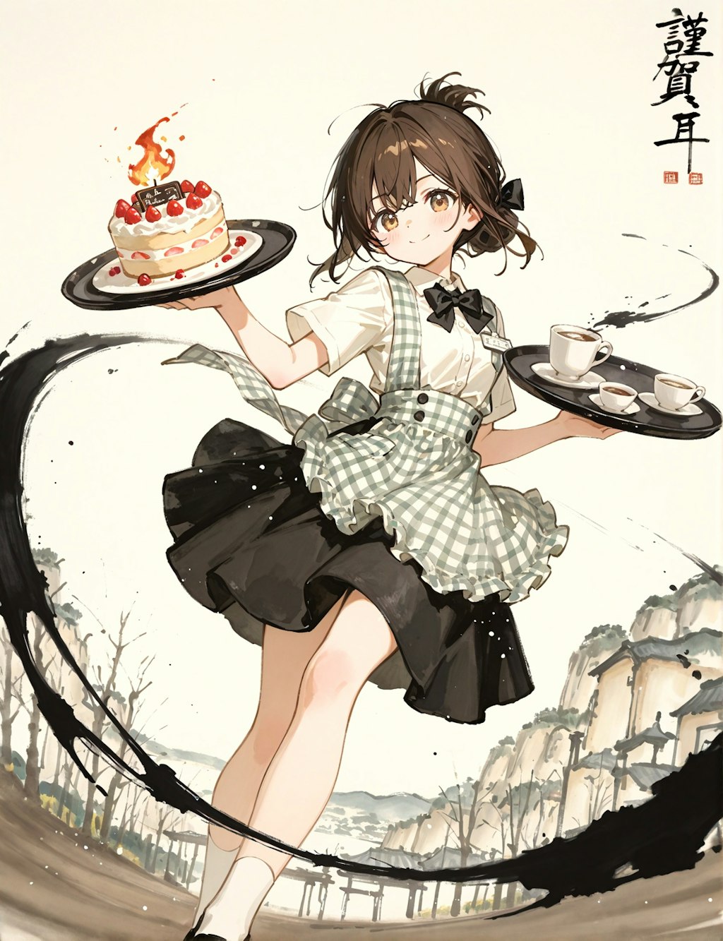 水墨画風の少女