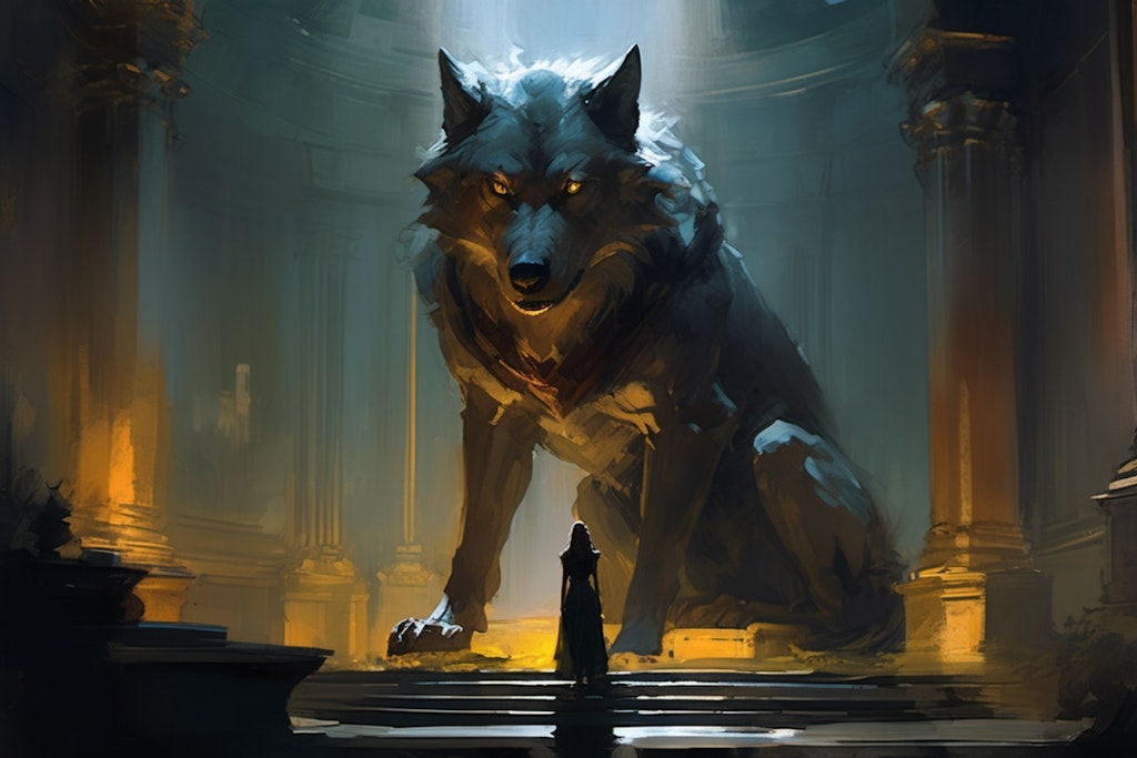 王の間に座る狼と少女