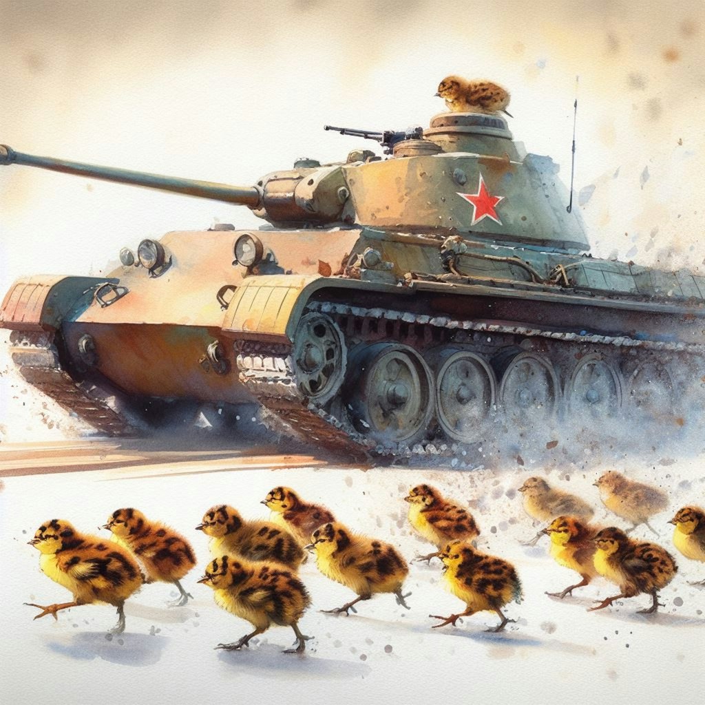 A tank leads chicks and ducklings (1)