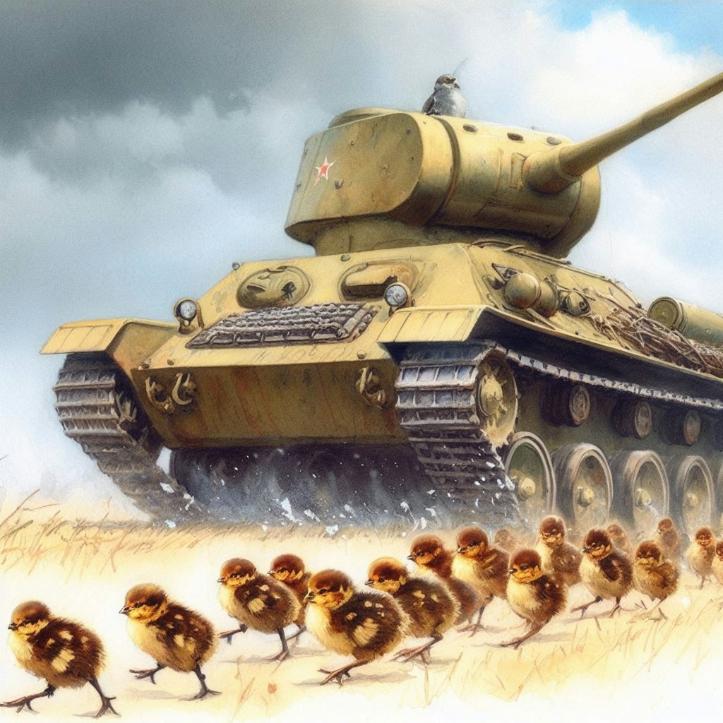 A tank leads chicks and ducklings (1)