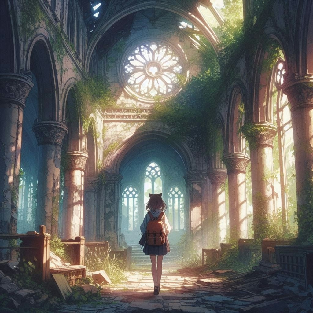 廃墟を訪れた旅人