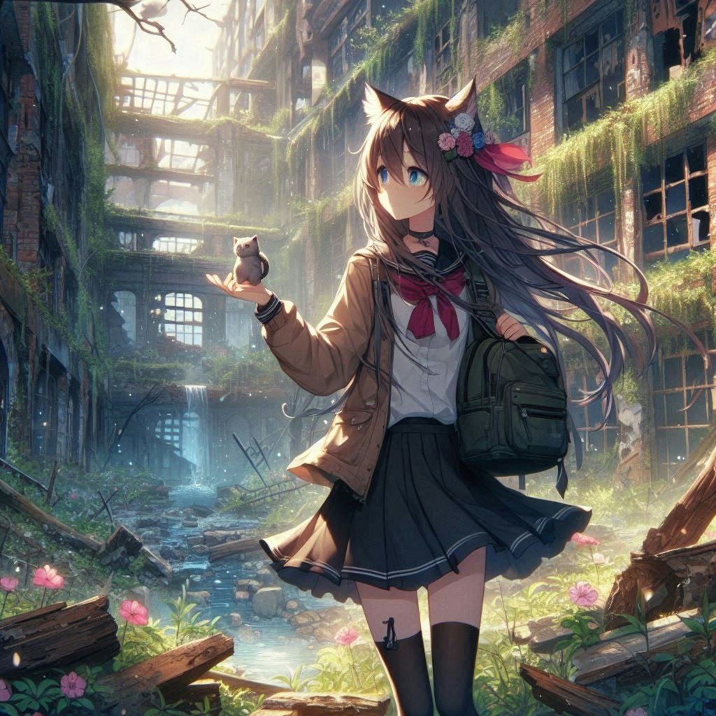廃墟を訪れた旅人