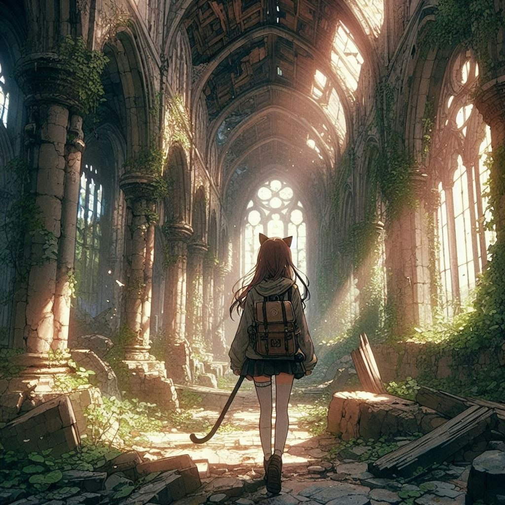 廃墟を訪れた旅人