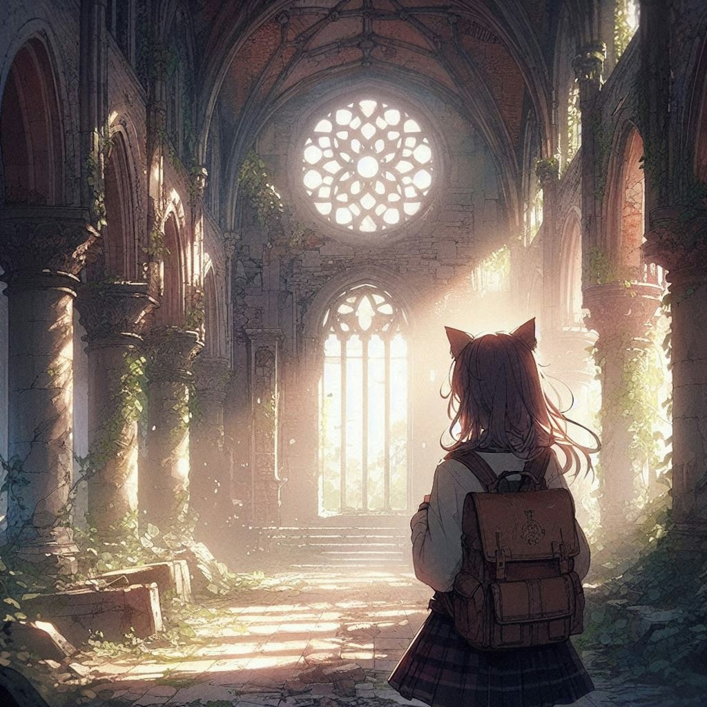 廃墟を訪れた旅人