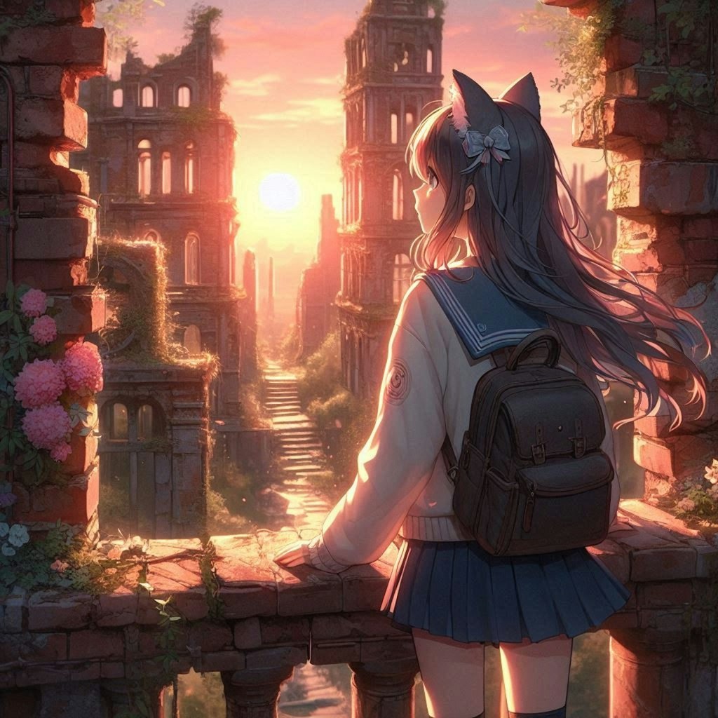廃墟を訪れた旅人