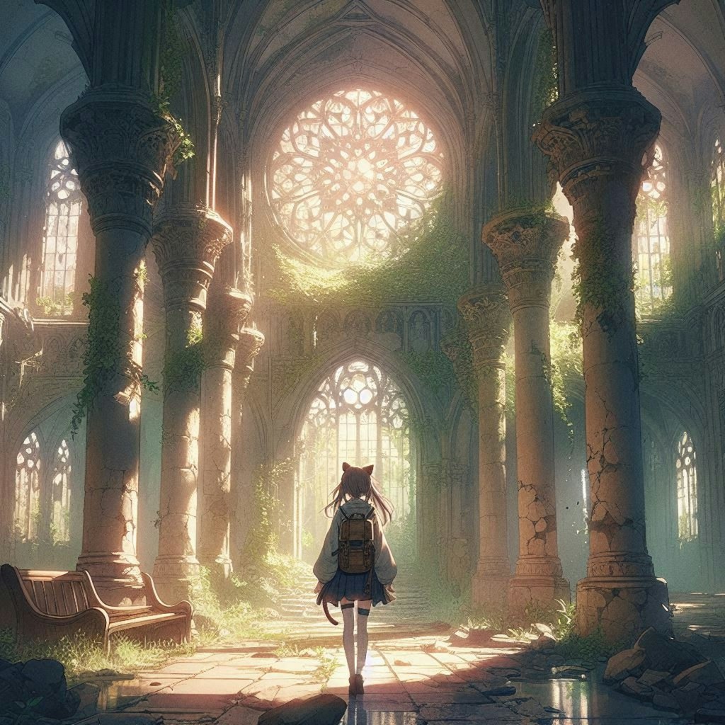 廃墟を訪れた旅人