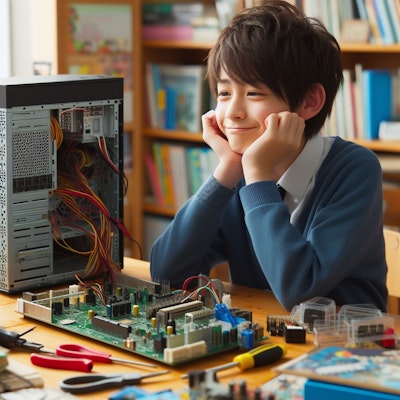 自作パソコンを組み立てる少年