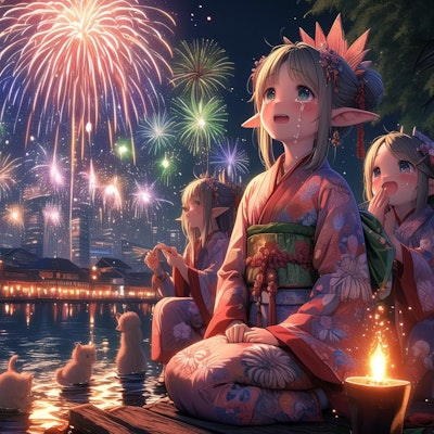 隅田川の花火を見ながら、感動の余り涙を流すエルフ女子たちと子猫
