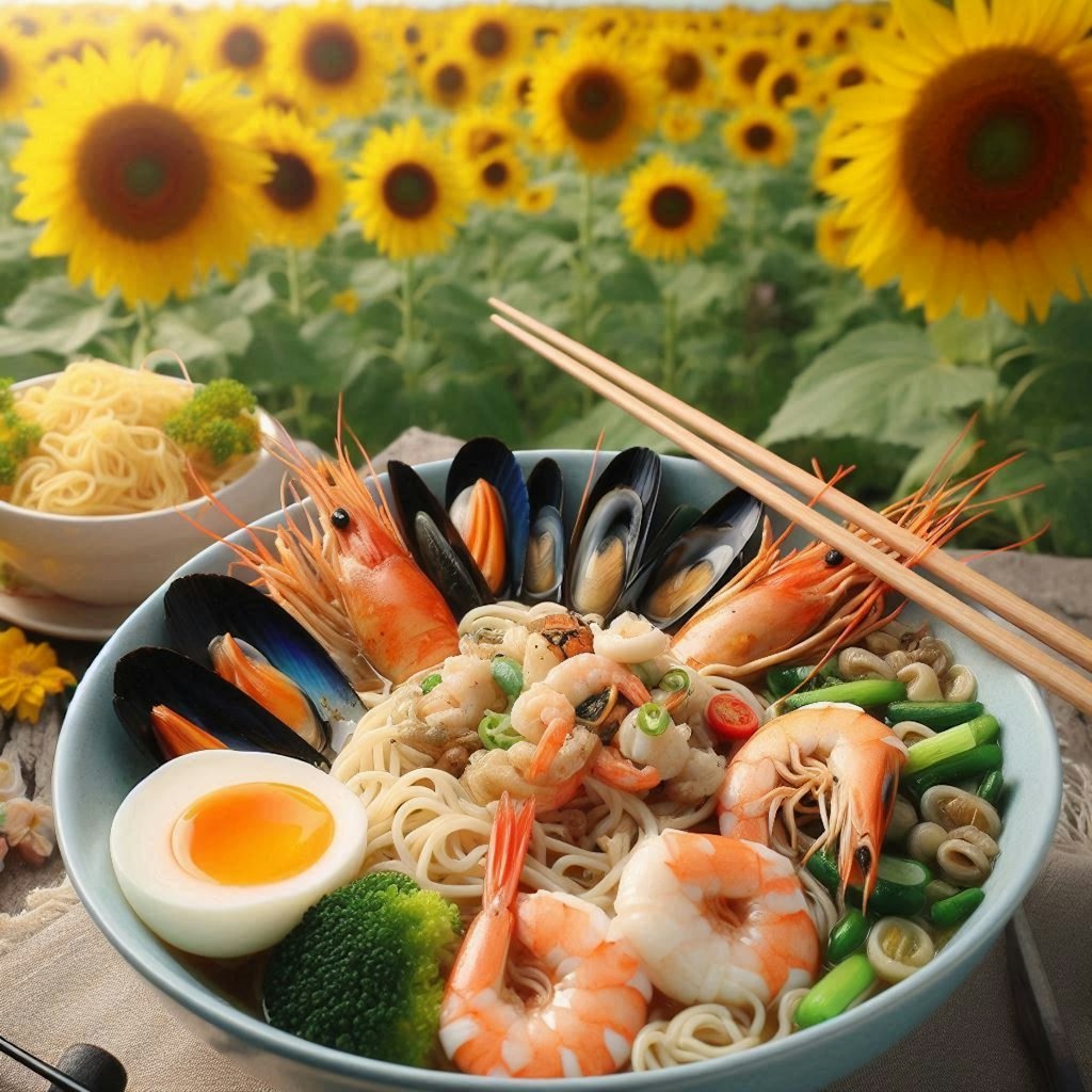 ひまわり畑で食べるseafood noodle