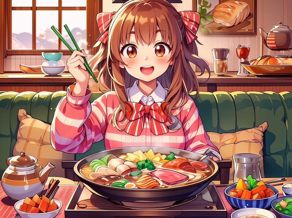 鍋料理を食べる女の子