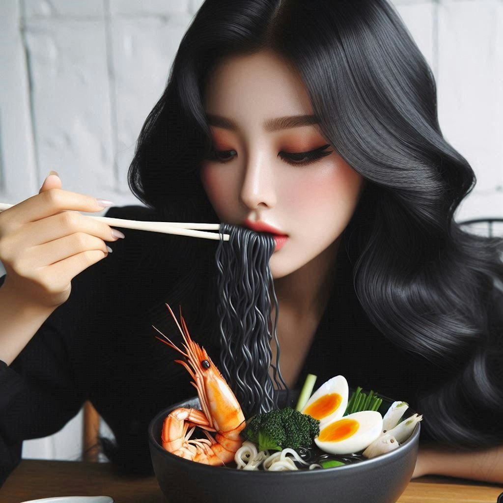 黒髪美人とseafood noodle