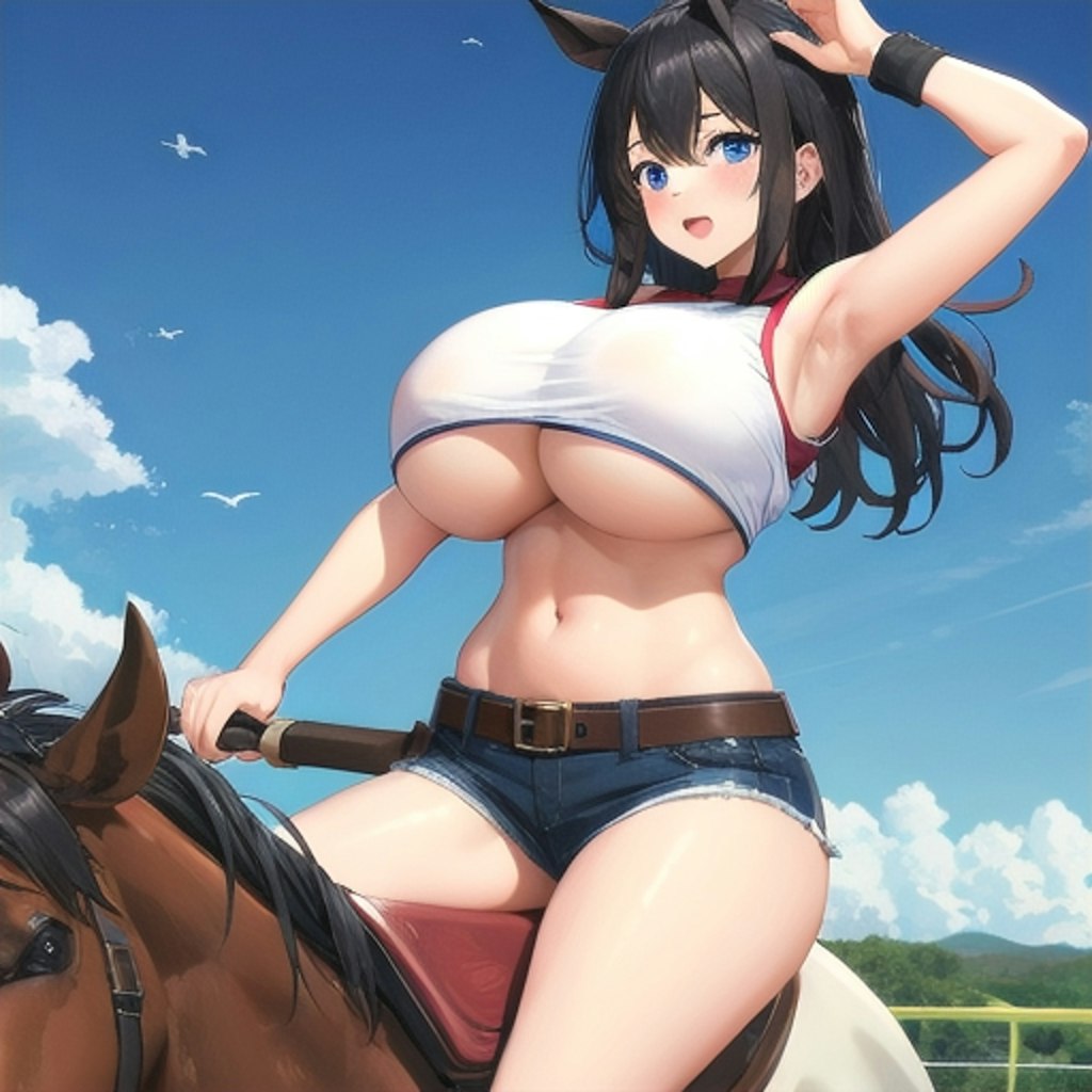 黒髪爆乳少女馬に乗る