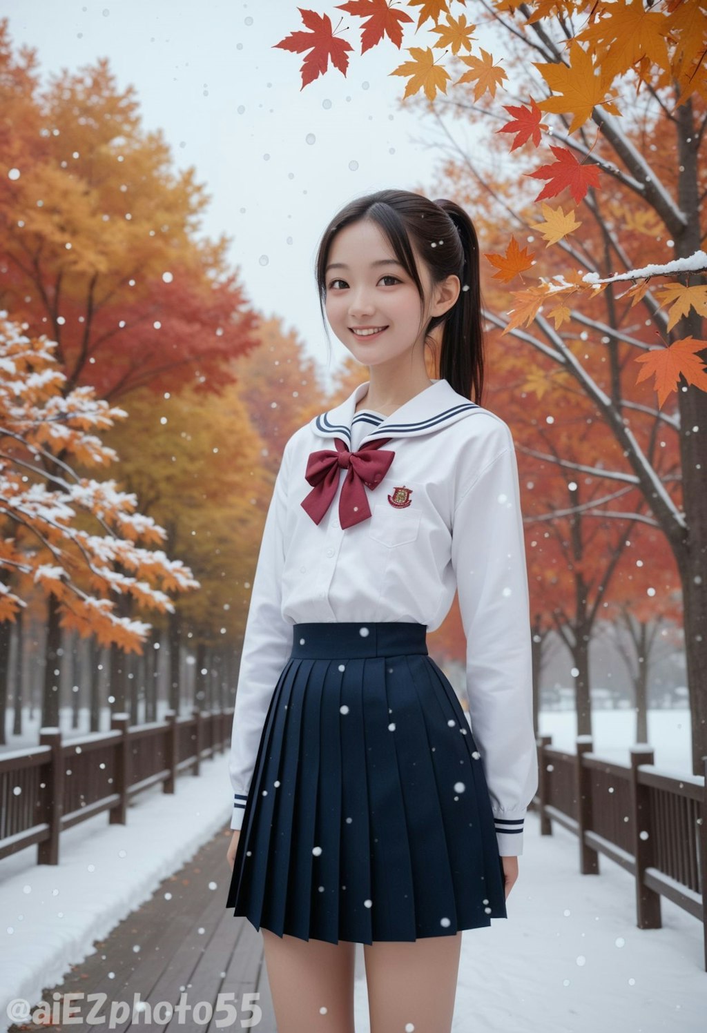 突然の　雪降る中で　紅葉狩り