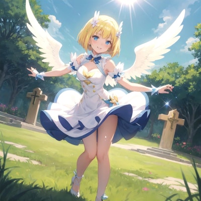教会の外で遊ぶ天使の女の子