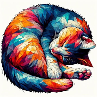 体をまるくして寝ているカラフルでアブストラクトな猫のローポリゴンの水彩