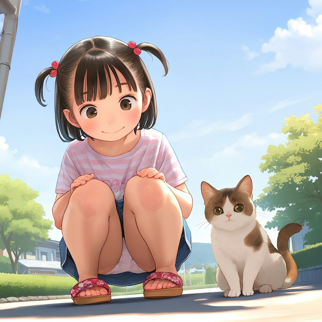 子猫に夢中なパンチラ少女