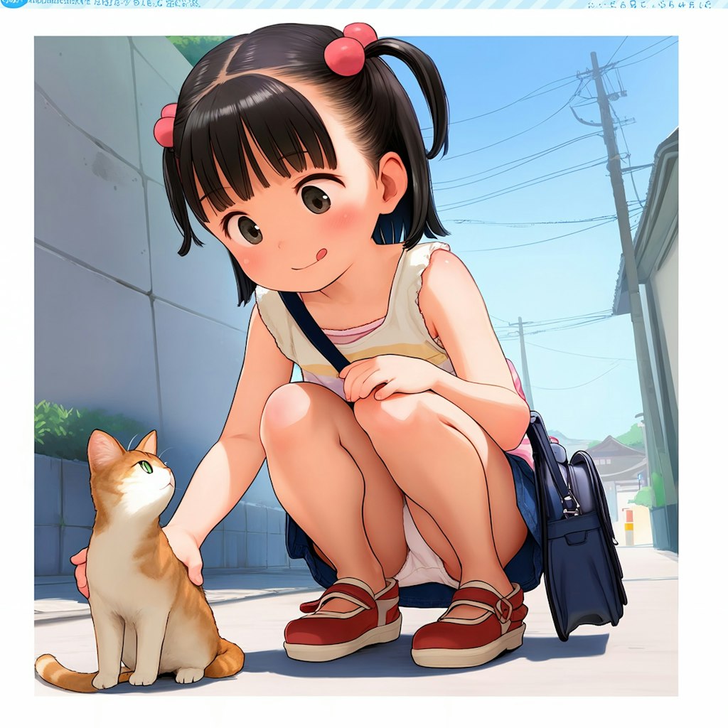 子猫に夢中なパンチラ少女