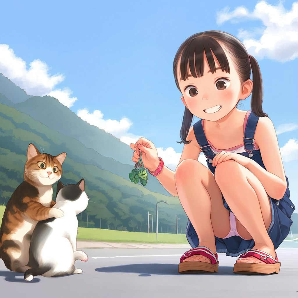 子猫に夢中なパンチラ少女