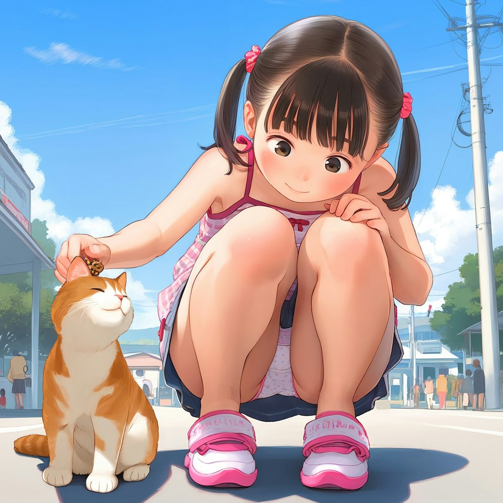 子猫に夢中なパンチラ少女