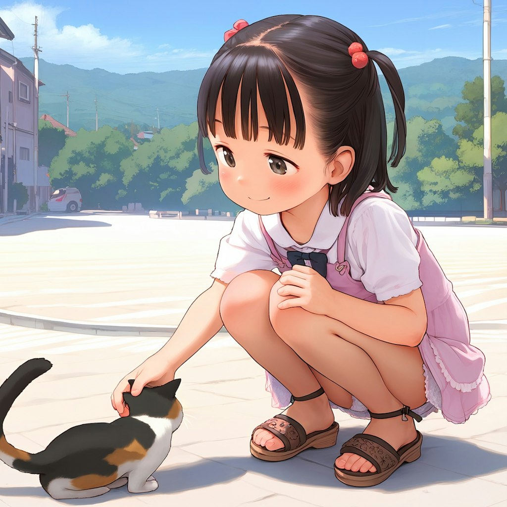 子猫に夢中なパンチラ少女